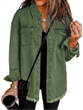 〽️Women Elm Green Drop Shoulder Button Up Oversized Frayed Hem Denim Jean Jacket